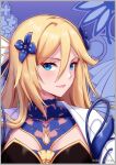  1girl bianka_durandal_ataegina bianka_durandal_ataegina_(valkyrie_gloria) blonde_hair blue_eyes blue_flower blue_theme chinese_clothes closed_mouth daidailong flower hair_between_eyes hair_flower hair_ornament honkai_(series) honkai_impact_3rd lips long_hair looking_at_viewer smile solo upper_body very_long_hair 