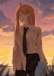  1girl absurdres black_necktie black_pants blonde_hair chainsaw_man closed_mouth collared_shirt highres horns komura_hiroto long_hair long_sleeves looking_at_another necktie outdoors pants power_(chainsaw_man) red_eyes red_horns shirt shirt_partially_tucked_in solo sunset white_shirt 