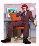  1boy chiha_bobobo commentary_request computer cup facial_hair formal glasses goatee heatman.exe highres holding holding_cup holding_pencil in-universe_location long_hair male_focus mega_man_(series) mega_man_battle_network_(series) mega_man_battle_network_6 mr._match_(mega_man) netnavi official_alternate_costume pencil redhead sitting suit 