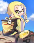  1girl agent_3_(splatoon_3) amakusa_setoka bag black_pants blonde_hair blue_sky bottle braid braided_sidelock chromatic_aberration closed_mouth clouds commentary_request dot_nose highres ink_tank_(splatoon) inkling_girl inkling_player_character jacket long_hair looking_at_viewer looking_back outdoors pants pointy_ears single_braid sitting sky smallfry_(splatoon) solo splatoon_(series) splatoon_3 tentacle_hair thick_eyebrows yellow_eyes yellow_jacket 