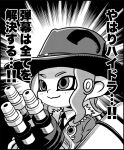  1girl black_border border closed_mouth coat collared_shirt commentary_request cowboy_hat fur_collar hat hydra_splatling_(splatoon) medium_hair monochrome muramasa_mikado necktie octoling_girl octoling_player_character shirt smile solo splatoon_(series) suction_cups tentacle_hair translation_request 