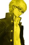  1boy blazpu collared_shirt high_collar highres jacket looking_at_viewer male_focus monochrome narukami_yuu open_clothes open_jacket parted_lips persona persona_4 school_uniform shirt simple_background solo upper_body yasogami_school_uniform yellow_theme 