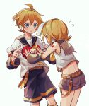  1boy 1girl absurdres belt black_sailor_collar black_shorts blonde_hair blush candy chocolate food hair_ribbon heart heart-shaped_chocolate highres kagamine_len kagamine_rin ponytail ribbon sailor_collar sazanami_(ripple1996) shorts valentine vocaloid yellow_nails 