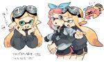  2girls :o arms_around_waist black_sailor_collar black_shorts black_sweater blonde_hair blue_eyes blush bow_hairband cropped_legs daidaiika dolphin_shorts fang goggles goggles_on_head hairband hug hug_from_behind inkling_girl inkling_player_character long_sleeves multiple_girls open_mouth pink_hair pointy_ears sailor_collar short_shorts shorts simple_background splatoon_(series) sweater tentacle_hair violet_eyes white_background 