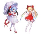  2girls absurdres akelp arm_up ascot back_bow bat_wings blonde_hair blue_hair bow buttons chinese_commentary closed_mouth collared_shirt commentary_request crystal flandre_scarlet frilled_shirt_collar frilled_skirt frilled_sleeves frilled_umbrella frills full_body hat hat_bow hat_ribbon head_tilt highres holding holding_umbrella large_bow long_hair looking_at_viewer mary_janes mob_cap multicolored_wings multiple_girls no_shoes one_side_up puffy_short_sleeves puffy_sleeves purple_umbrella red_ascot red_bow red_eyes red_footwear red_ribbon red_skirt red_vest remilia_scarlet ribbon second-party_source shirt shoes short_sleeves siblings simple_background sisters skirt skirt_set sleeve_ribbon thigh-highs touhou umbrella vest white_background white_bow white_headwear white_shirt white_skirt white_thighhighs wings wrist_cuffs yellow_ascot 