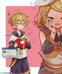  1boy 1girl absurdres belt black_sailor_collar black_shorts blonde_hair blush candy chocolate error_message food hair_ribbon highres kagamine_len ponytail ribbon running sailor_collar sazanami_(ripple1996) shorts valentine vocaloid 