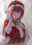  1girl absurdres bag braid chainsaw_man christmas closed_mouth commentary_request gift_bag hat highres holding holding_bag komura_hiroto looking_at_viewer makima_(chainsaw_man) red_headwear redhead ringed_eyes santa_costume santa_hat shirt smile solo yellow_eyes 
