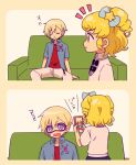  1boy 1girl 5.5 blonde_hair blue_jacket border bow brother_and_sister commentary_request couch facing_away hair_bow holding holding_phone idol_time_pripara jacket long_sleeves multiple_views notice_lines on_couch open_mouth pants phone prank pretty_series pripara profile red_shirt shirt short_hair siblings sitting sleep_mask sleeping sleeping_upright taking_picture translation_request two_side_up upper_body violet_eyes white_pants yellow_border yumekawa_shogo yumekawa_yui 