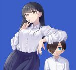  1boy 1girl arm_rest black_hair blue_background blue_eyes blue_skirt boku_no_kokoro_no_yabai_yatsu breasts brown_eyes brown_hair hair_over_one_eye height_difference highres ichikawa_kyoutarou large_breasts long_hair looking_at_viewer mole mole_on_neck pocket renocchi shirt short_hair simple_background skirt smile v white_shirt yamada_anna 