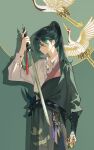  1boy alternate_costume alternate_hair_length alternate_hairstyle animal_print bandaged_hand bandages bird bird_print black_hair closed_mouth genshin_impact green_hair highres holding holding_sword holding_weapon long_sleeves male_focus mask multicolored_hair profile qingxin_gua_yu solo sword unworn_mask weapon xiao_(genshin_impact) yellow_eyes 
