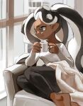  1girl aqua_eyes barefoot black_hair black_pants closed_mouth coffee_mug commentary_request couch cup dark-skinned_female dark_skin eyelashes furrowed_brow highres holding holding_cup indoors long_hair looking_outside marina_(splatoon) mole mole_under_mouth mug nomu_(29_nom) on_couch pants pointy_ears shirt sitting smile splatoon_(series) splatoon_2 tentacle_hair thick_eyebrows white_shirt window 