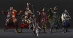  5boys arm_up armor armored_boots arms_up beard black_background black_hanfu boots cao_cao chinese_armor chinese_clothes chinese_empire dong_zhuo eyepatch facial_hair fangtian_ji fat feather_fan feathers guan_hat han_dynasty hand_fan hanfu head_tilt headband helmet highres holding holding_fan holding_polearm holding_weapon jacket lamellar_armor laughing leather_armor looking_at_viewer lu_bu lulu_zhang multiple_boys official_art over_shoulder pointing polearm red_jacket romance_of_the_three_kingdoms scale_armor sheath sima_yi spear standing sword total_war:_three_kingdoms weapon weapon_over_shoulder white_hanfu wide_sleeves xiahou_dun 