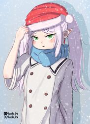  1girl absurdres blue_scarf coat commentary contemporary earrings frieren green_eyes grey_hair hat highres jewelry kurohi_drw long_hair makeup mascara pixiv_username pointy_ears santa_hat scarf sleeves_rolled_up snow solo sousou_no_frieren thick_eyebrows twitter_username upper_body white_coat 