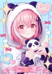  1girl absurdres animal_hood blush character_name closed_mouth hair_between_eyes hair_ornament hairclip heart highres hood hood_up jacket long_sleeves looking_at_viewer nijisanji panda_hood pink_hair ponigiri12 sasaki_saku smile solo stuffed_animal stuffed_panda stuffed_toy virtual_youtuber 