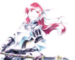  1girl armor breastplate cherche_(fire_emblem) fire_emblem fire_emblem_awakening highres holding holding_polearm holding_weapon looking_to_the_side polearm red_eyes redhead samo_game smile solo upper_body weapon 