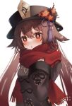  1girl :o black_headwear black_nails blush breasts bright_pupils brown_coat brown_eyes brown_hair coat flower flower-shaped_pupils genshin_impact hat hat_flower hat_tassel highres hu_tao_(genshin_impact) long_hair long_sleeves looking_at_viewer open_mouth porkpie_hat red_scarf scarf sinonomemikann sleeves_past_wrists small_breasts symbol-shaped_pupils twintails upper_body white_pupils wide_sleeves 