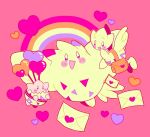  bag balloon blush_stickers commentary english_commentary evolutionary_line floating full_body heart heart_balloon kcdoos looking_at_another love_letter no_humans open_mouth pink_background pink_theme pokemon pokemon_(creature) rainbow shoulder_bag smile togekiss togepi togetic 