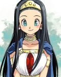 1girl aqua_eyes armlet black_hair blue_cape breasts cape closed_mouth collarbone dragon_quest dragon_quest_viii earrings eyelashes gold_hairband hairband jewelry lips long_hair looking_at_viewer medium_breasts muramasa_mikado neck_ring official_style pink_lips princess_medea smile solo straight-on straight_hair toriyama_akira_(style) upper_body 
