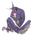  1girl 1other absurdres anger_vein animal_ears animal_feet black_tongue blue_shirt body_fur carrying carrying_person closed_eyes colored_teeth cropped_legs digitigrade full_body furrowed_brow furry hand_on_another&#039;s_head hands_up highres leviair licking licking_another&#039;s_head open_mouth original purple_fur purple_hair shirt short_hair short_sleeves simple_background tail tongue tongue_out whiskers white_background 