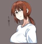  1girl blush breasts brown_eyes brown_hair closed_mouth highres holly_(monster_farm) large_breasts long_hair looking_at_viewer monster_farm simple_background smile solo yugami_gooshu 