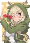  1girl 2024 animal_ears animal_hood blonde_hair blush chinese_zodiac dragon_hood dragon_horns fake_animal_ears fake_horns hand_up highres hood hood_up hoodie horned_hood horns long_hair looking_at_viewer one_eye_closed original red_eyes smile solo year_of_the_dragon yotsuba_ichinose 