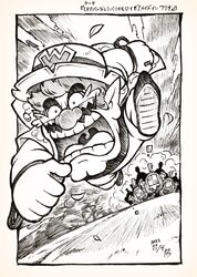 1boy big_nose cleft_chin facial_hair fleeing hat highres monochrome mustache open_mouth pointy_ears screaming shirt short_sleeves shorts speed_lines teardrop thick_eyebrows wario warioware warioware:_move_it! woods_watchers_(warioware) yamato_koara