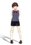  1girl bow brown_hair closed_mouth full_body hair_ornament hairclip highres ine_(goin) looking_at_viewer persona persona_3 persona_3_portable school_uniform shadow shiomi_kotone short_hair simple_background skirt smile white_background x_hair_ornament 