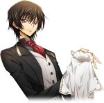 1boy artist_request ascot black_hair black_jacket black_shirt breast_pocket butler buttons chain closed_mouth code_geass code_geass:_lost_stories collared_shirt cropped_torso cup drying dutch_angle game_cg hair_between_eyes happy holding holding_cloth holding_cup jacket lelouch_vi_britannia long_sleeves looking_at_viewer male_focus non-web_source official_art open_clothes open_jacket picture_frame pocket red_ascot shirt short_hair sidelocks simple_background smile solo standing teacup transparent_background upper_body vest violet_eyes white_vest 