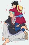  2boys absurdres barefoot bead_necklace beads black_eyes black_hair earrings falling_petals flip-flops full_body green_hair grey_background hat hat_on_back highres japanese_clothes jewelry leaning_on_person looking_at_viewer male_focus monkey_d._luffy mouth_hold multiple_boys necklace one_piece petals roronoa_zoro sandals scar scar_on_cheek scar_on_face short_hair short_ponytail sideburns simple_background single_earring smile stalk_in_mouth straw_hat yayoi_(yyi_op) 