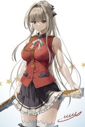  1girl amagi_brilliant_park black_skirt brown_eyes brown_hair cowboy_shot drawing_gun eyelashes gradient_background gun hair_ribbon highres holding holding_gun holding_weapon long_hair m.m_(mmitsu_93) musket pleated_skirt ponytail red_shirt ribbon sento_isuzu shirt skirt sleeveless sleeveless_shirt solo star_(symbol) thigh-highs weapon white_background white_ribbon white_thighhighs 