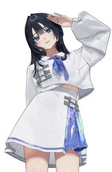  1girl absurdres black_hair blue_eyes blue_nails blue_skirt fingernails from_below hair_intakes highres isshiki_seiran_(mashiro_kta) lips long_fingernails long_hair long_sleeves looking_at_viewer mashiro_kta midriff_peek multicolored_clothes multicolored_skirt nail_polish original puffy_long_sleeves puffy_sleeves salute shirt simple_background skirt smile solo white_background white_shirt white_skirt 