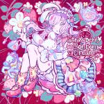  1girl album_cover animal_ears candy collared_dress commentary_request cover cup dress facing_viewer flower food fruit full_body hairband highres holding holding_stuffed_toy horse indie_utaite jar kiato knees_up konpeitou lolita_hairband long_hair long_sleeves mary_janes open_mouth pink_background purple_hair rabbit_ears shoes sitting socks solo spoon strawberry striped_clothes striped_dress stuffed_animal stuffed_rabbit stuffed_toy teacup teapot ugu_(utaite) utaite vertical-striped_clothes vertical-striped_dress white_flower yellow_socks 