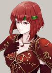  1girl armor close-up commentary_request fingerless_gloves fire_emblem fire_emblem:_mystery_of_the_emblem gloves green_hairband grey_background hair_between_eyes hairband hand_on_own_chest headband highres jewelry light_smile looking_to_the_side minerva_(fire_emblem) necklace red_eyes redhead short_hair simple_background solo upper_body yori_ilrosso 