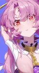  1girl blush erdongjinming forehead_jewel fu_xuan_(honkai:_star_rail) glint hand_in_own_hair highres honkai:_star_rail honkai_(series) looking_at_viewer parted_lips pink_hair red_eyes solo 