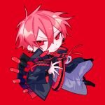  1boy baggy_pants black_footwear black_jacket black_shirt borrowed_character deformed earrings frown grey_pants high-waist_pants himanemuitoma jacket jewelry jiro_nito long_sleeves looking_at_viewer nitro_(vocaloid) original pants red_background red_eyes redhead shirt short_hair solo turtleneck v-shaped_eyebrows vocaloid 