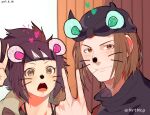  1boy 1girl animal_ears artist_name bandana black_hair brown_eyes brown_hair closed_mouth commentary_request dated fake_animal_ears forehead_protector looking_at_viewer mitarashi_anko naruto naruto_(series) nicopipokemon open_mouth shiranui_genma short_hair smile toothpick v 