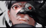  1boy angry bird black_bird black_hair chinese_commentary closed_mouth commentary_request crow forehead_protector furious highres ibuo_(ibukht1015) looking_at_viewer male_focus mangekyou_sharingan naruto naruto_(series) naruto_shippuuden orange_eyes red_eyes sharingan short_hair solo uchiha_shisui 