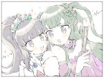  2girls :d bare_shoulders blue_eyes blunt_bangs braid commentary_request crown face-to-face folded_fan folding_fan green_hair hanazono_shuka hand_fan hand_up holding holding_fan idol_time_pripara long_hair multiple_girls nanafushi_sodatsu open_mouth pale_color ponytail pretty_series pripara purple_hair simple_background smile tsukikawa_chili two_side_up violet_eyes white_background 