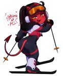 1girl colored_skin demon_girl demon_horns demon_tail earmuffs english_text goggles highres holding_ski_pole horns long_hair long_sleeves looking_at_viewer meruccubus_(merunyaa) merunyaa mole mole_under_eye oni open_mouth original pointy_ears red_oni red_skin ski_boots ski_gear ski_goggles ski_pole skiing skin-covered_horns skis smile snow solo tail