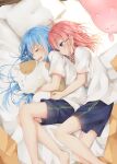  2girls absurdres ahoge barefoot bed_sheet blue_eyes blue_hair blue_shorts closed_eyes closed_mouth feet_out_of_frame highres hug hug_from_behind hugging_object long_hair lying multiple_girls on_side open_mouth original pillow pink_hair profile satou_saya shirt short_sleeves shorts very_long_hair white_shirt 