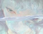  1girl blue_eyes close-up closed_mouth eyelashes grey_hair looking_at_viewer mieze one_eye_covered original partially_submerged portrait short_hair solo water 