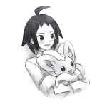  1boy ahoge cheren_(pokemon) cinccino collared_shirt cropped_torso greyscale holding holding_pokemon male_focus monochrome pokemon pokemon_(creature) pokemon_bw2 shirt shiseptiana signature simple_background smile 