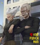  2boys absurdres bandaid bandaid_on_cheek bandaid_on_face bang_(one-punch_man) black_shirt commentary_request crossed_arms english_text facial_hair garou_(one-punch_man) grey_eyes grey_hair highres long_sleeves male_focus multiple_boys mustache one-punch_man open_mouth outdoors pointy_hair red_eyes scar scar_on_face shirt shita_to_hidari short_hair smile spiky_hair teeth 