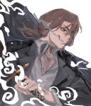  1boy 2024 brown_eyes brown_hair cigarette facial_hair gregor_(project_moon) highres holding holding_sword holding_weapon limbus_company male_focus project_moon smoke solo stubble sword weapon 