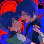  2boys absurdres album_cover alternate_costume aoyama_wasabi black_shirt blue_eyes blue_hair blue_scarf collaboration cover crying crying_with_eyes_open from_side hand_on_another&#039;s_cheek hand_on_another&#039;s_face highres himanemuitoma holding holding_clothes holding_scarf kaito_(vocaloid) long_sleeves looking_at_another multiple_boys open_mouth parted_lips puffy_long_sleeves puffy_sleeves red_background scarf shirt short_hair smile tears teeth turtleneck upper_teeth_only vocaloid white_shirt 