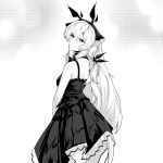  1girl arknights arms_at_sides bare_shoulders bee_(user_cwsv3353) closed_mouth dress fake_horns from_behind greyscale hair_between_eyes hairband head_tilt highres horns long_hair looking_at_viewer looking_back monochrome sidelocks sleeveless sleeveless_dress smile solo weedy_(arknights) 