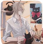  1boy absurdres animal_ear_fluff animal_ears arknights black_cat blue_eyes bottle bow bowtie brown_hair cat cat_boy cat_ears cat_tower christine_(arknights) closed_eyes collared_shirt commentary highres indoors male_focus multiple_tails o_o object_request oripathy_lesion_(arknights) p_(hgdsisd) phantom_(arknights) pushpin red_bow shirt short_hair sleeves_rolled_up sparkle stuffed_toy table tail white_shirt 