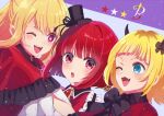  3girls arima_kana black_bow black_bowtie blonde_hair blue_eyes bob_cut bow bowtie capelet commentary_request demon_horns dress fake_horns fang hat horns hoshino_ruby idol_clothes inverted_bob medium_hair memcho mini_hat multicolored_hair multiple_girls murabitot no_pupils one_eye_closed open_mouth oshi_no_ko pink_eyes red_brooch red_capelet red_dress red_eyes redhead revision roots_(hair) star-shaped_pupils star_(symbol) star_in_eye symbol-shaped_pupils symbol_in_eye teeth upper_teeth_only 