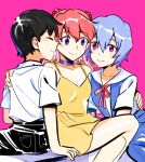  1boy 2girls ange_(angeban93) arms_around_back arms_around_waist ayanami_rei black_hair blue_eyes blue_hair choker commentary dress english_commentary hair_ornament ikari_shinji multiple_girls neon_genesis_evangelion redhead school_uniform sitting smile souryuu_asuka_langley tokyo-3_middle_school_uniform 