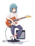  1girl amplifier blue_hair blush cable character_request electric_guitar guitar highres holding holding_instrument indie_virtual_youtuber instrument looking_at_viewer music naname_(7name) original pants playing_instrument short_hair sitting smile solo stool virtual_youtuber yellow_eyes 